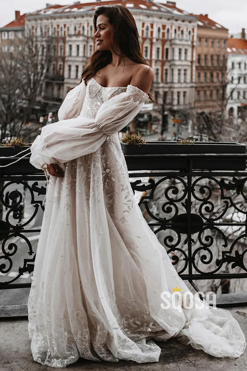 Unique Off-the-Shoulder Lace Wedding Dress Ivory Long Sleeves Bohemian Bridal Gown QW2705