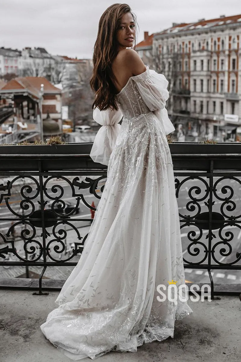 Unique Off-the-Shoulder Lace Wedding Dress Ivory Long Sleeves Bohemian Bridal Gown QW2705