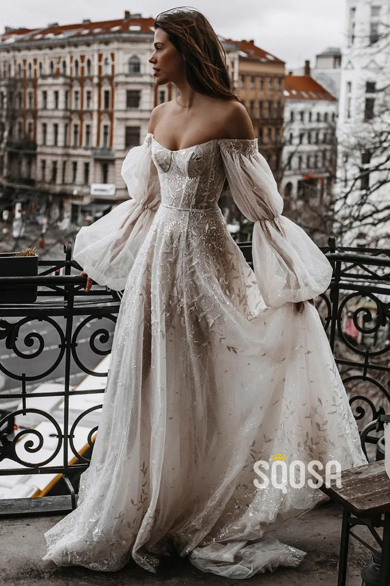 Unique Off-the-Shoulder Lace Wedding Dress Ivory Long Sleeves Bohemian Bridal Gown QW2705