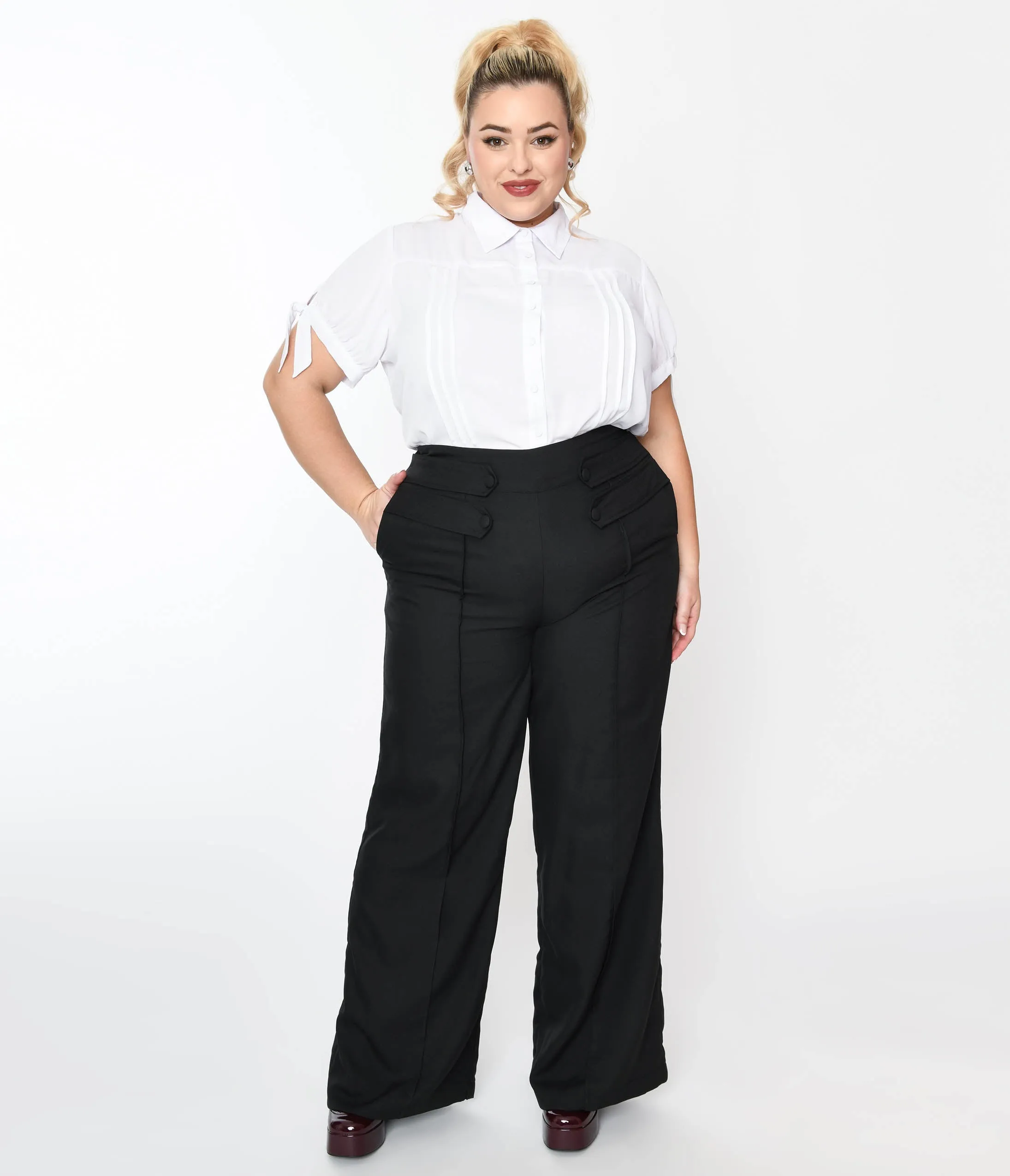 Unique Vintage Plus Size 1940s Black High Waist Wide Leg Tab Pants