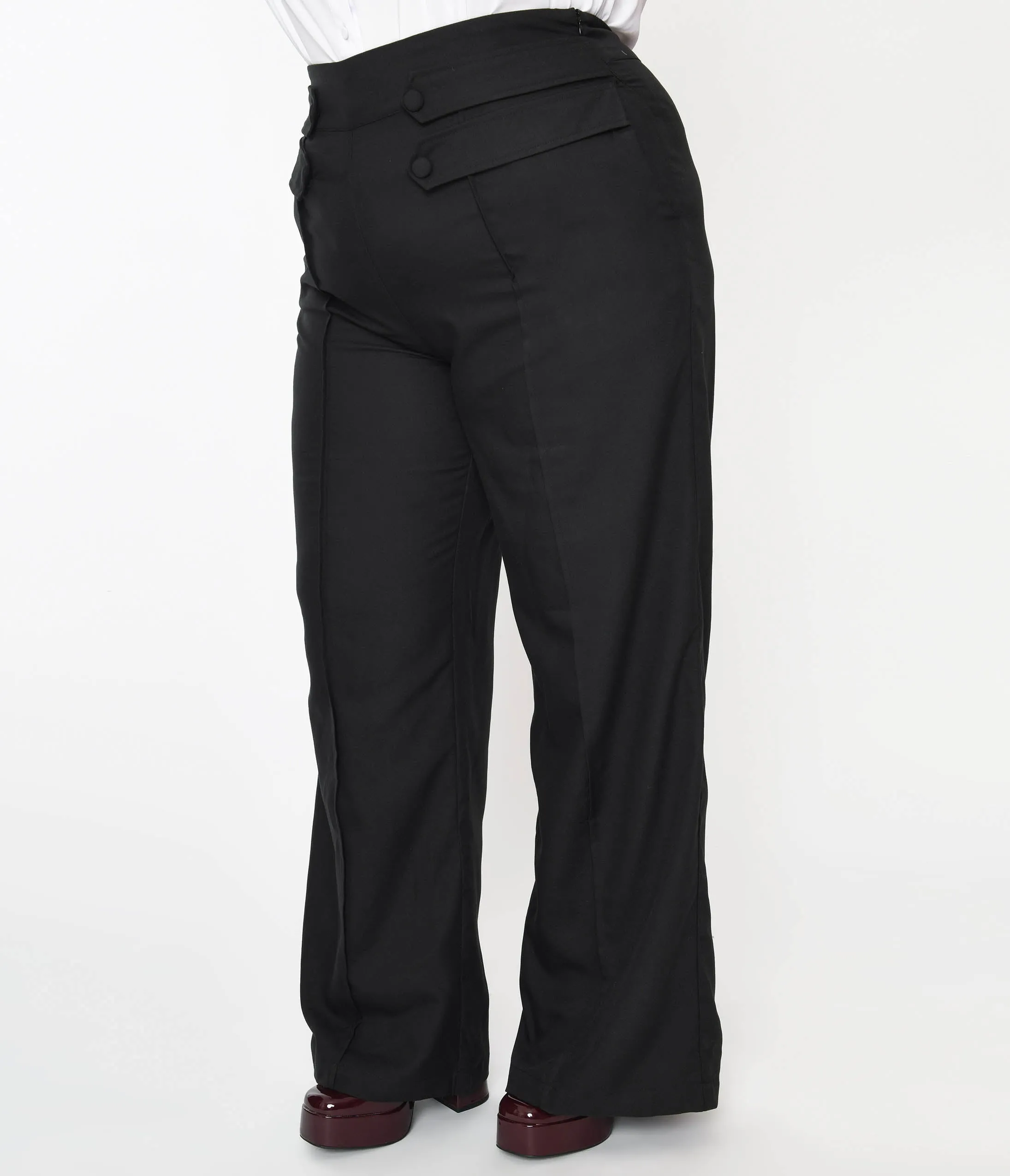 Unique Vintage Plus Size 1940s Black High Waist Wide Leg Tab Pants