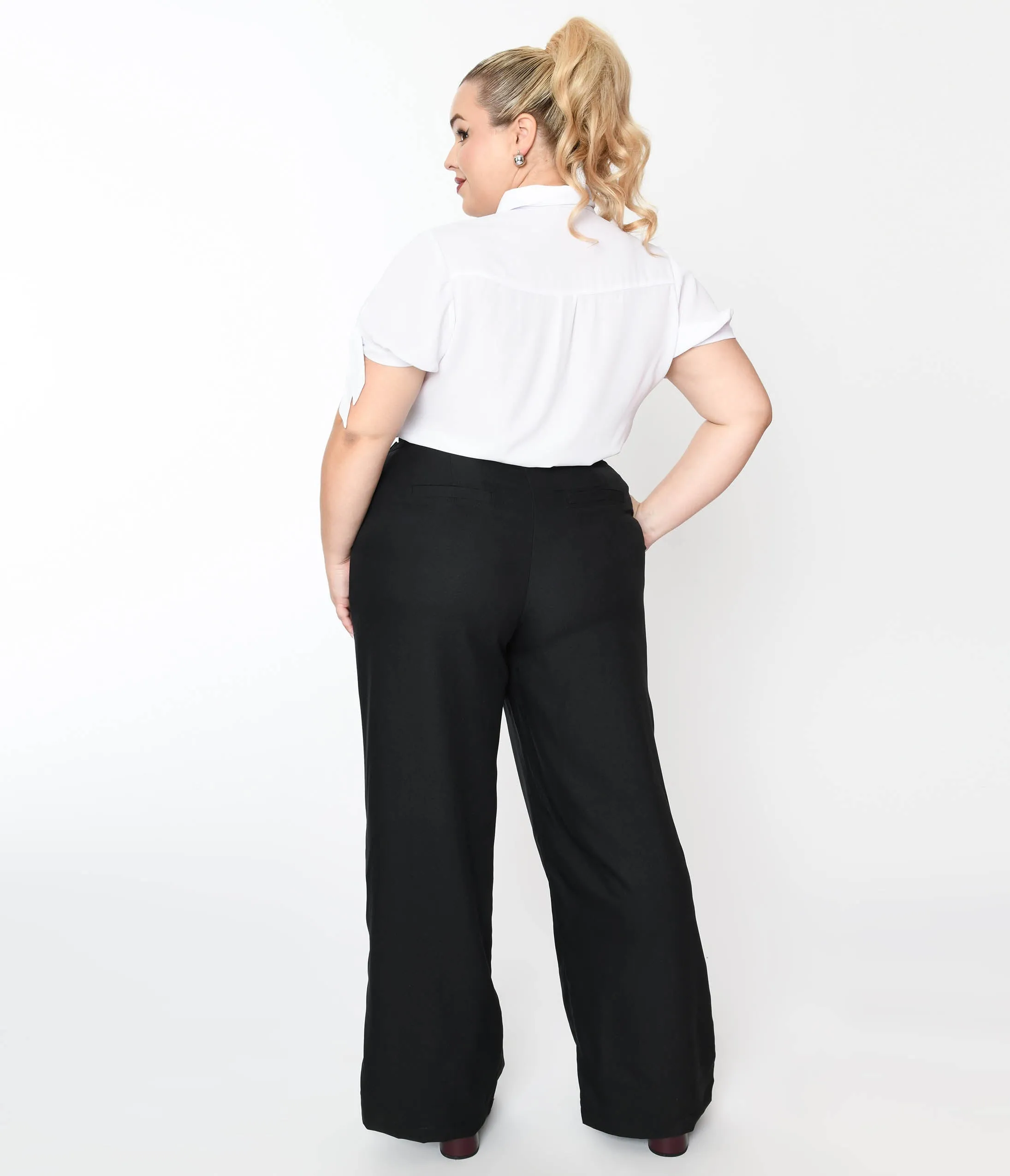 Unique Vintage Plus Size 1940s Black High Waist Wide Leg Tab Pants