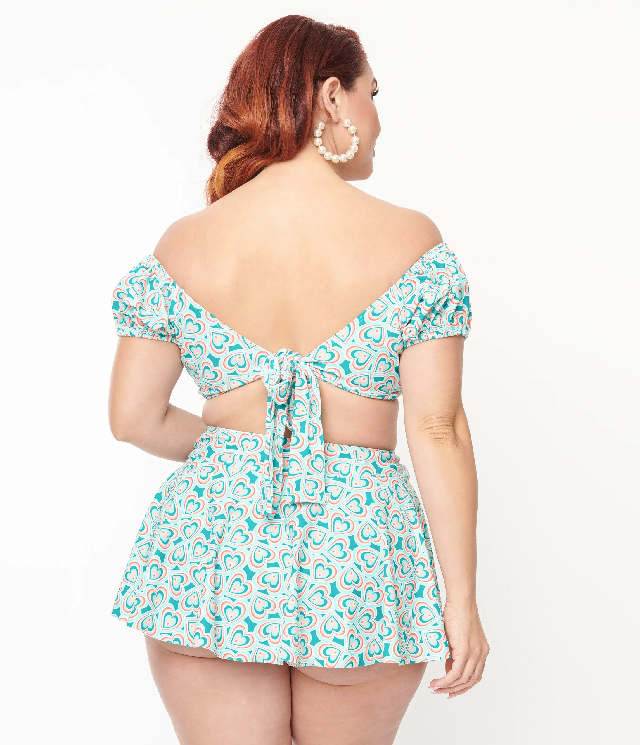 Unique Vintage Plus Size 1950s Turquoise Retro Hearts Swim Skirt