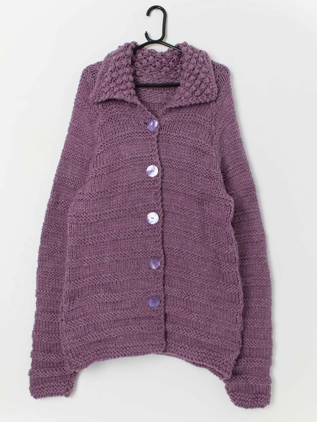 Vintage lilac handknitted oversized cardigan, loose knit – Medium / Large