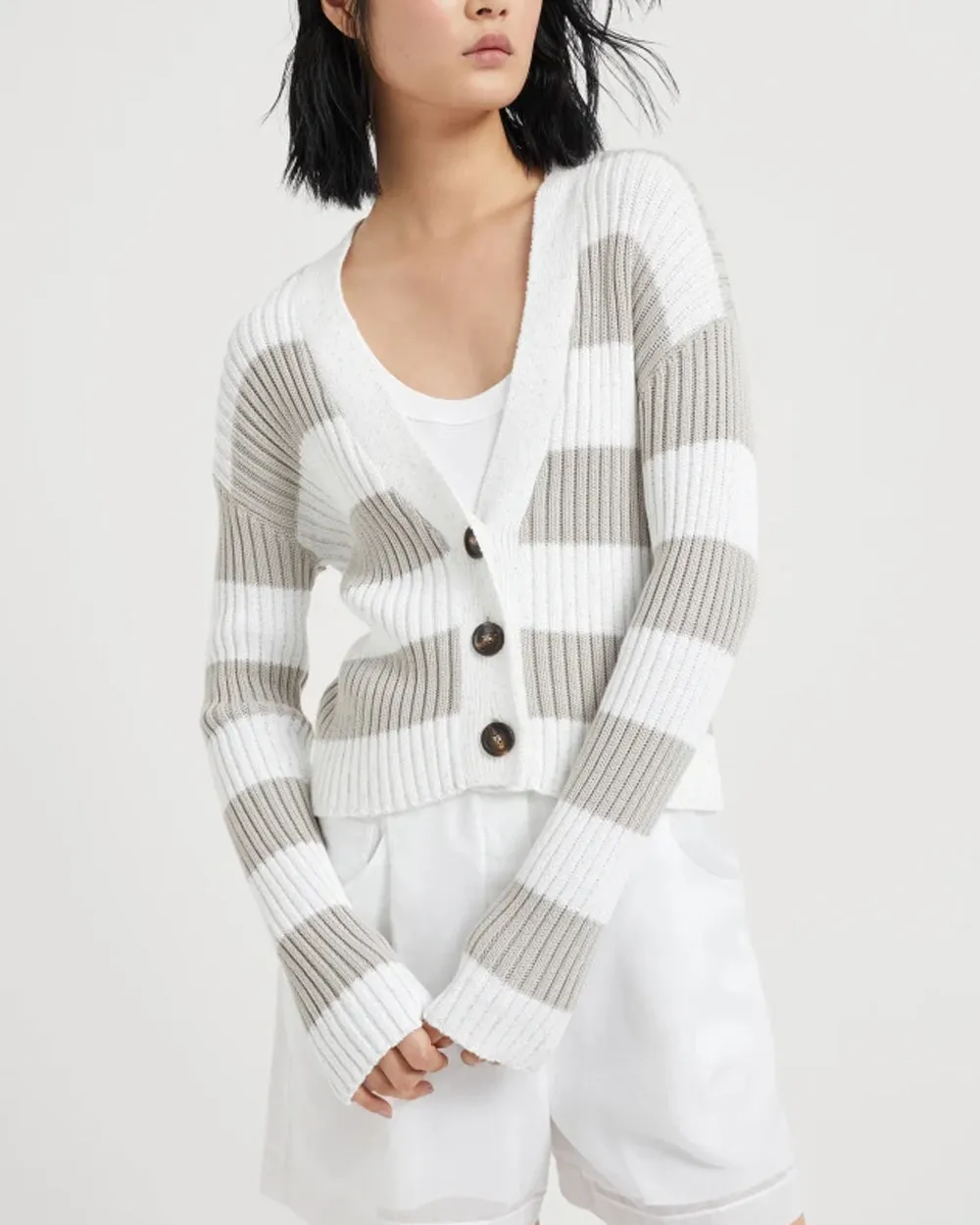 White Bicolor Stripe Diamante Button Up Cardigan