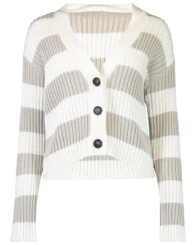 White Bicolor Stripe Diamante Button Up Cardigan