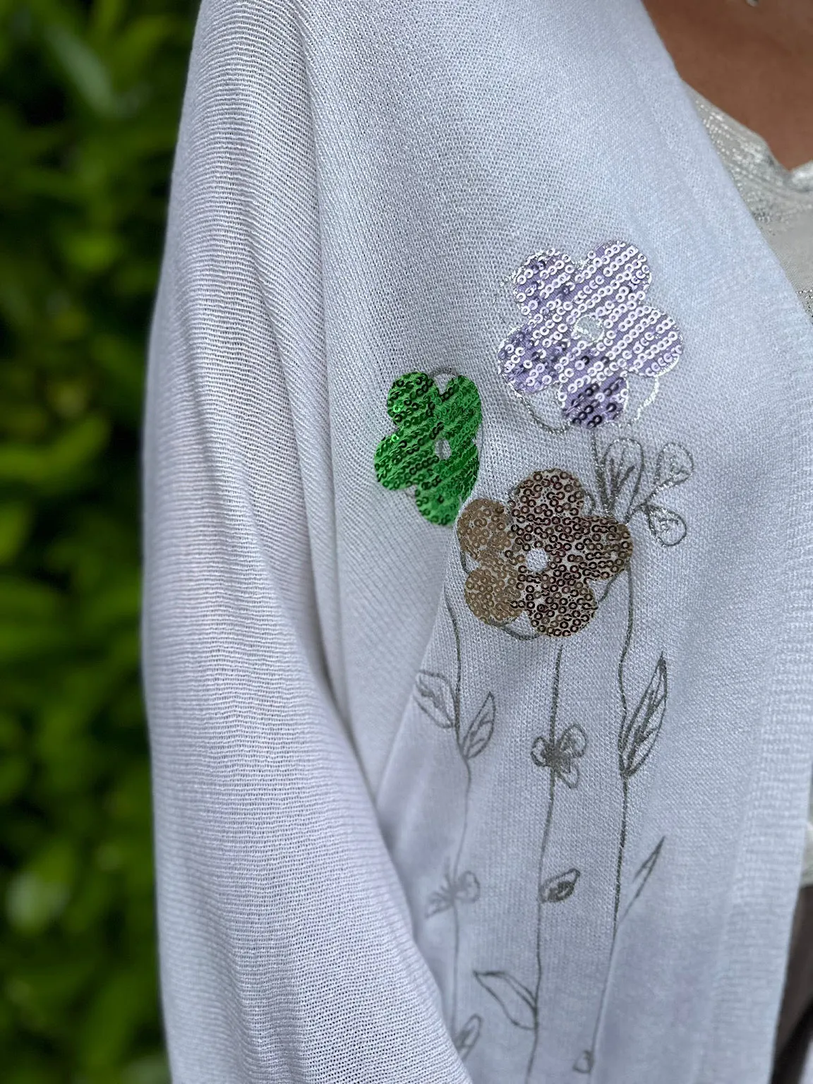 White Floral Accent Fine Knit Cardigan Alison