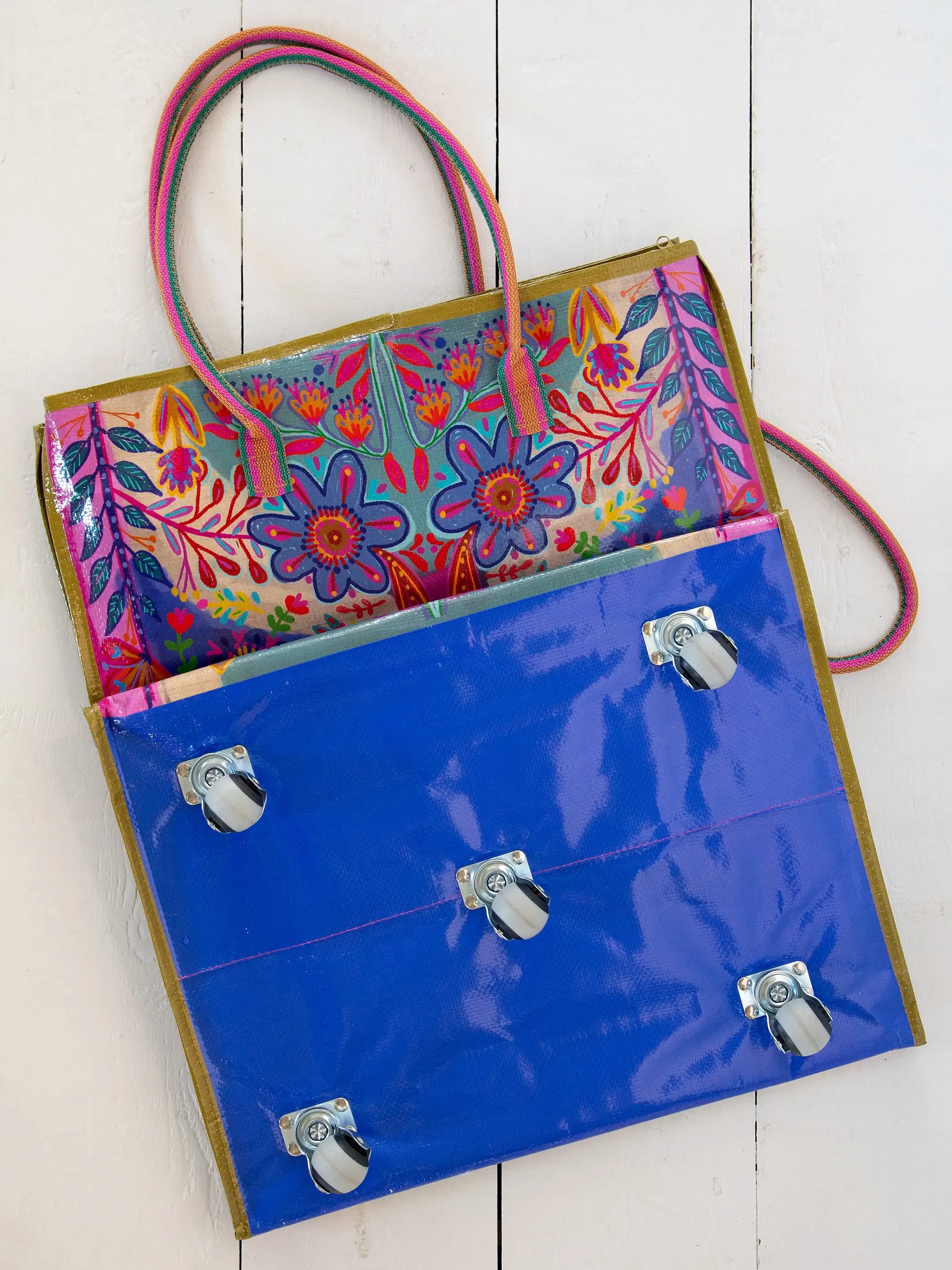 XL Rolling Tote Bag - Royal Blue Folk Flower