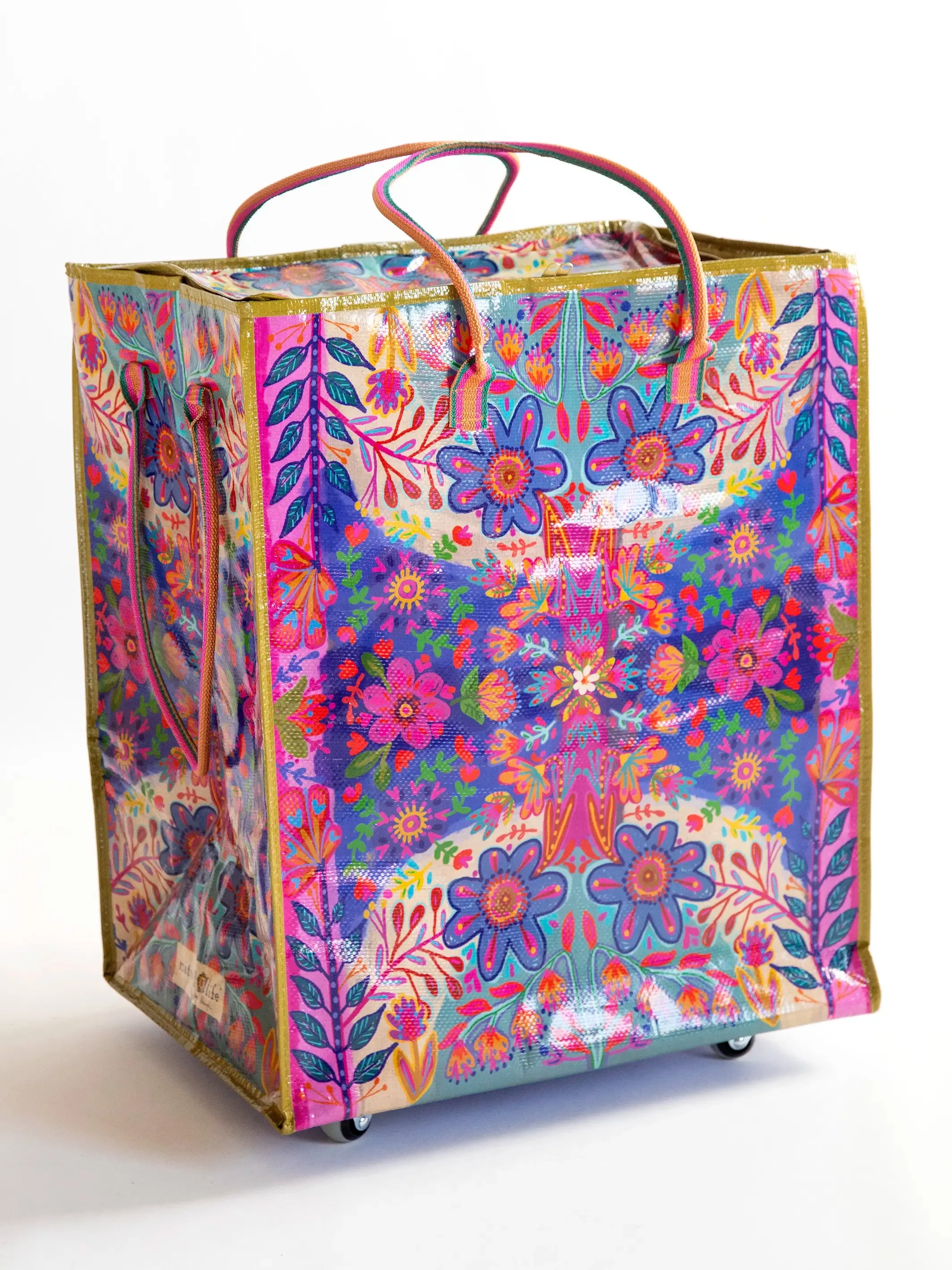 XL Rolling Tote Bag - Royal Blue Folk Flower