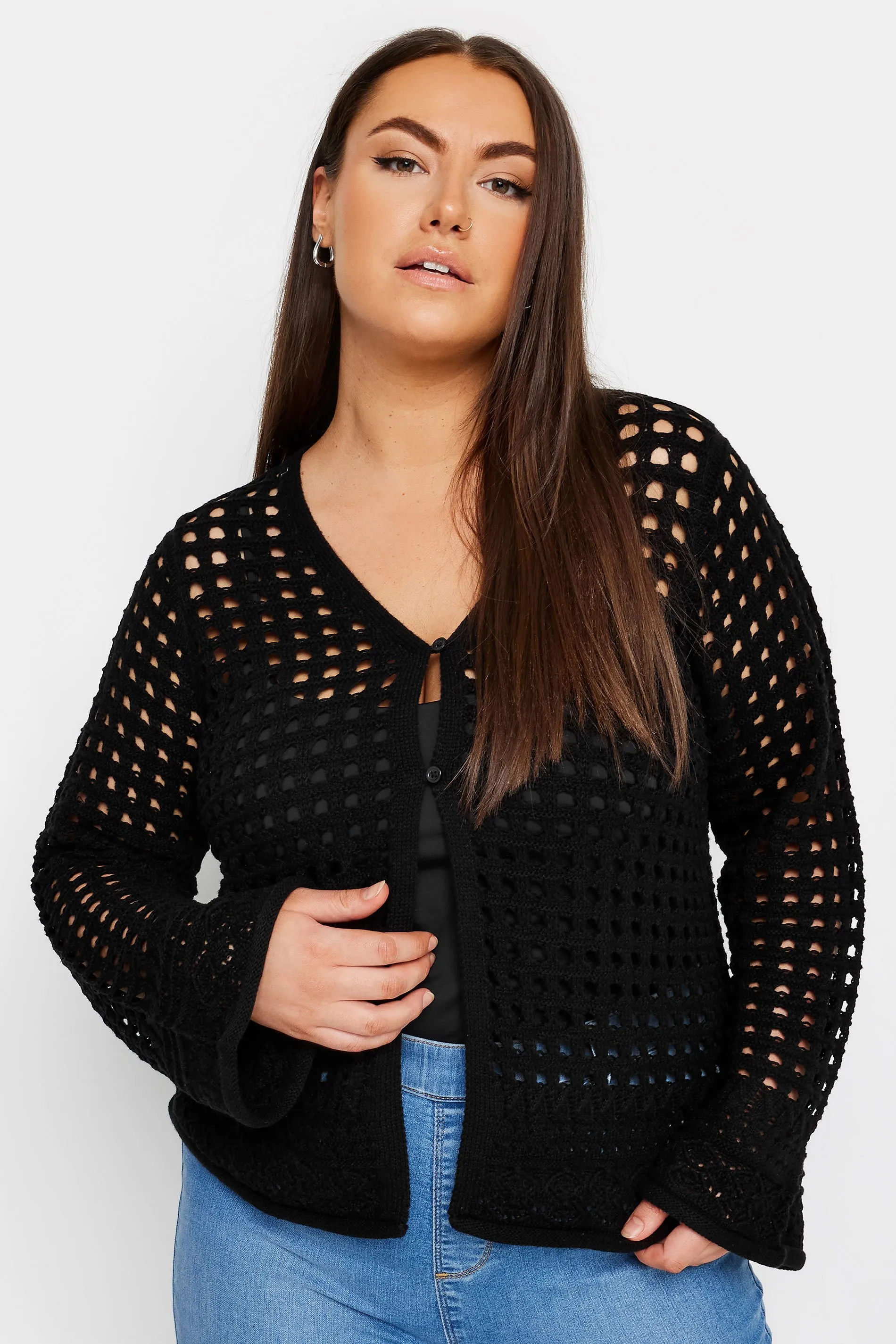 YOURS Curve Black Button Through Crochet Cardigan