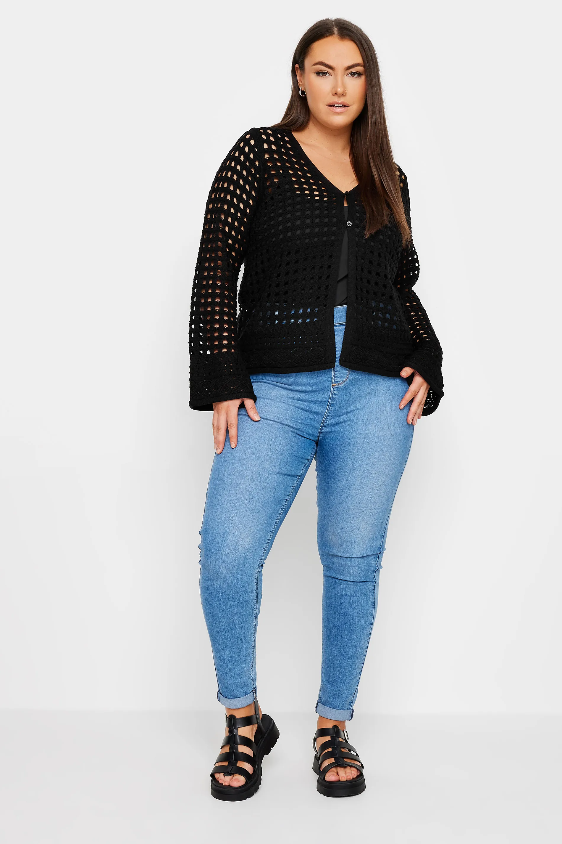 YOURS Curve Black Button Through Crochet Cardigan