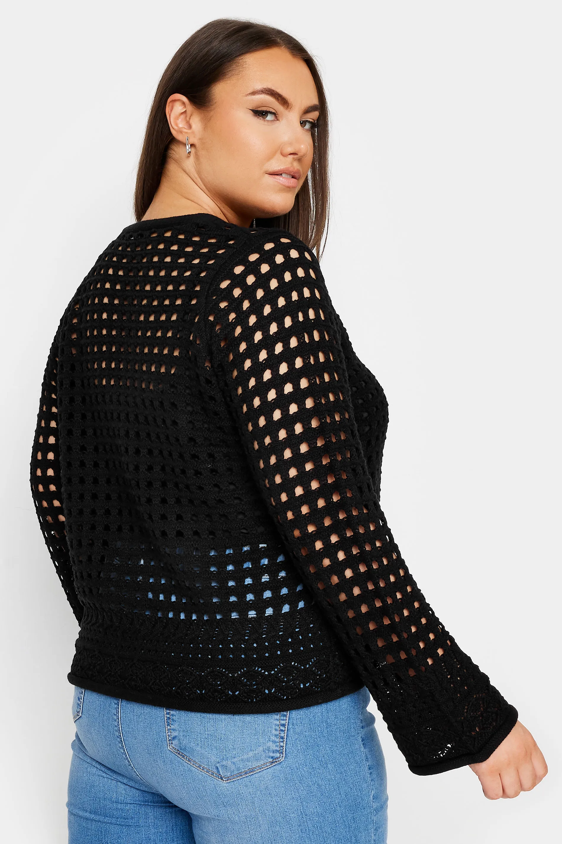 YOURS Curve Black Button Through Crochet Cardigan