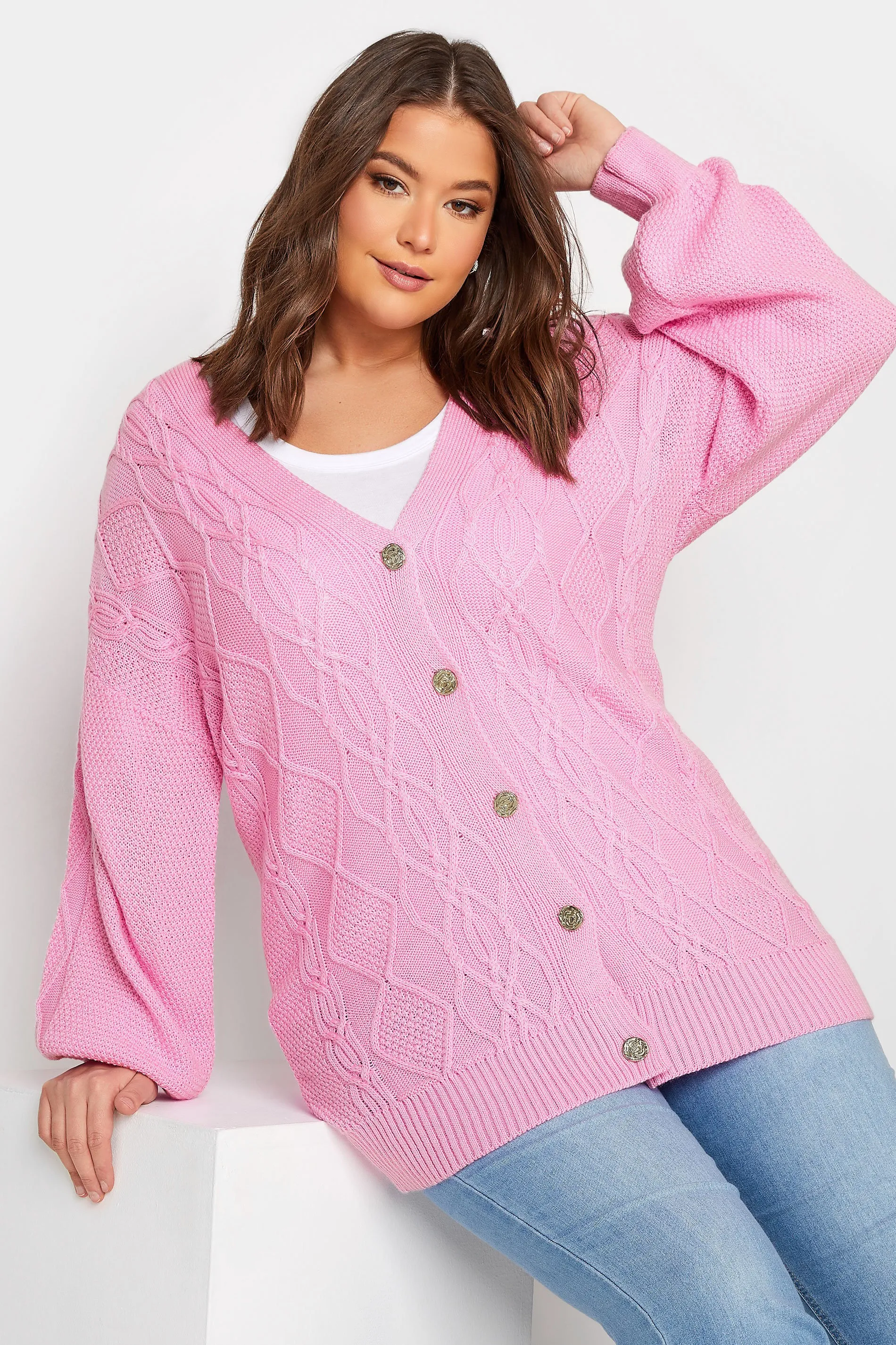 YOURS Curve Pink Knitted Button Through Cardigan